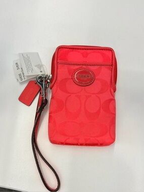 Coach Coral Pink Signature Wristlet Phone Zip Pouch w/ Card Slots NWT